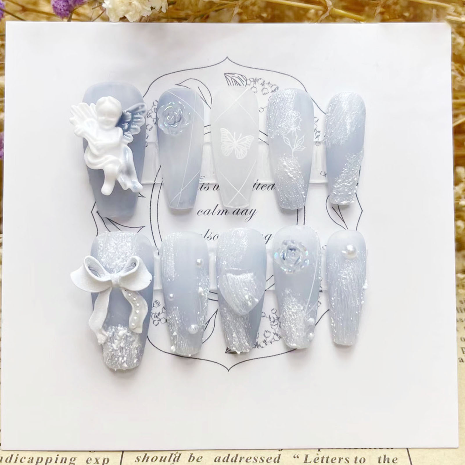 Nail Art Flower - 3D-Gips-Engel-Kunstnägel, glänzend, Dunstblau, handgefertigt, zum Aufdrücken
