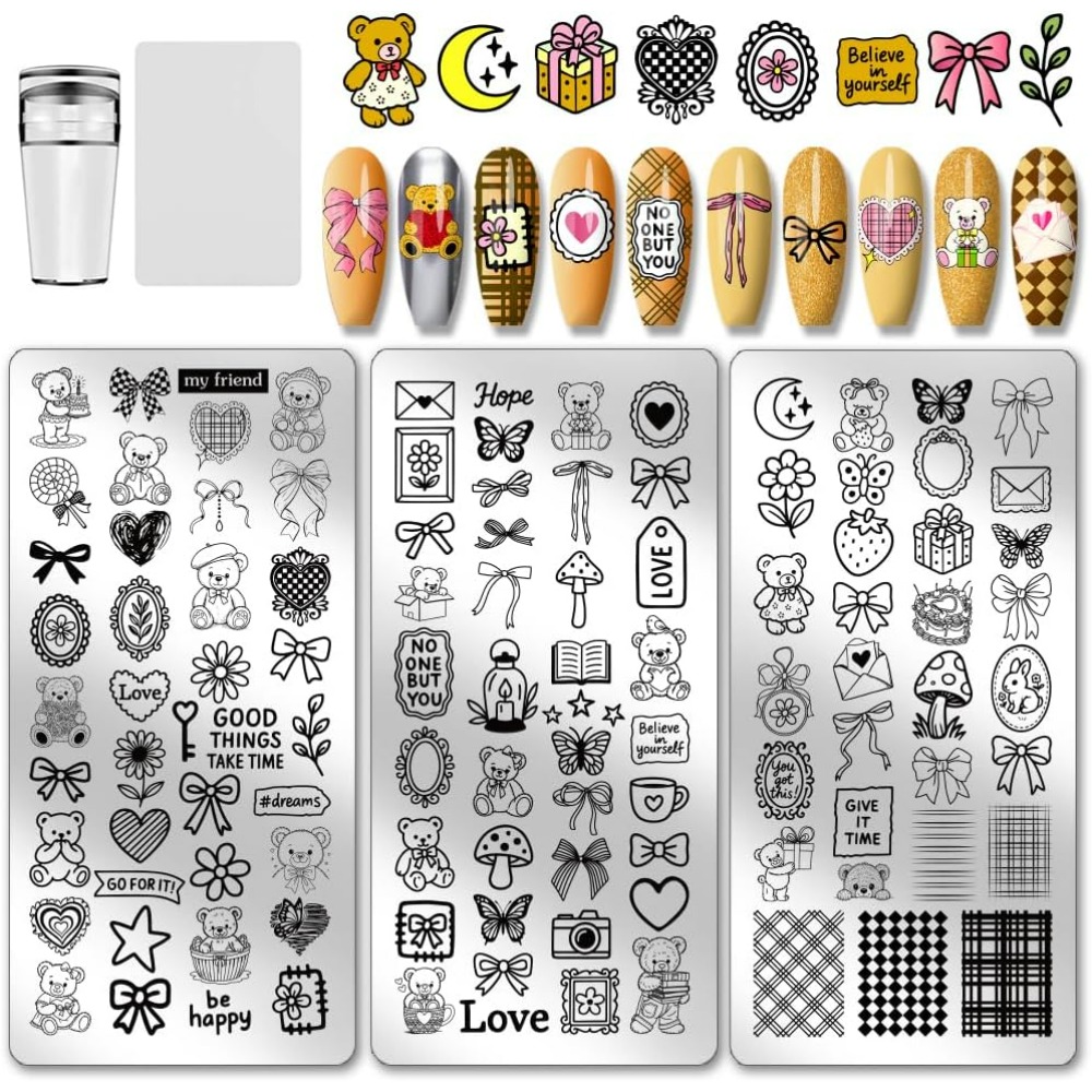 Nail Art Love - 3 Stück Niedliche Bären-Nagelstempelplatten, Schleifen, Herzen,