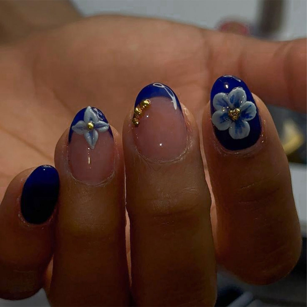 Nail Art Flower - 24 Stück Kurze Ovale 3D Gel-Nagelaufkleber,