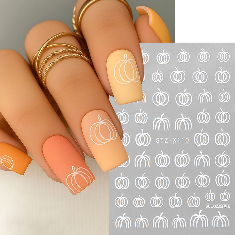 Nail Art Simple Elegant - 2 Stück elegante weiße Kürbis-Herbst-Nagelaufkleber, einfache