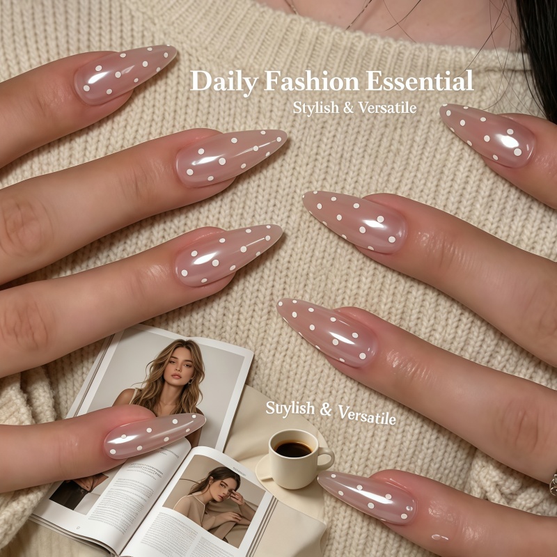 Nail Art Simple Elegant - 24 Stück glänzende, hautfarbene, weiß gepunktete