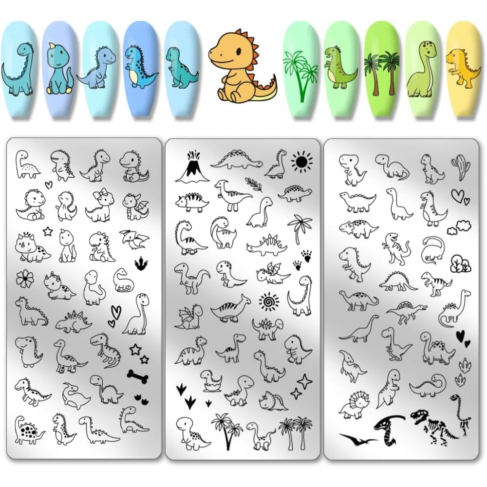 Nail Art Love - 3 Stück Dinosaurier-Nagelstempelplatten, niedliche kleine Dinosaurier-Nagelkunst-Vorlagen,