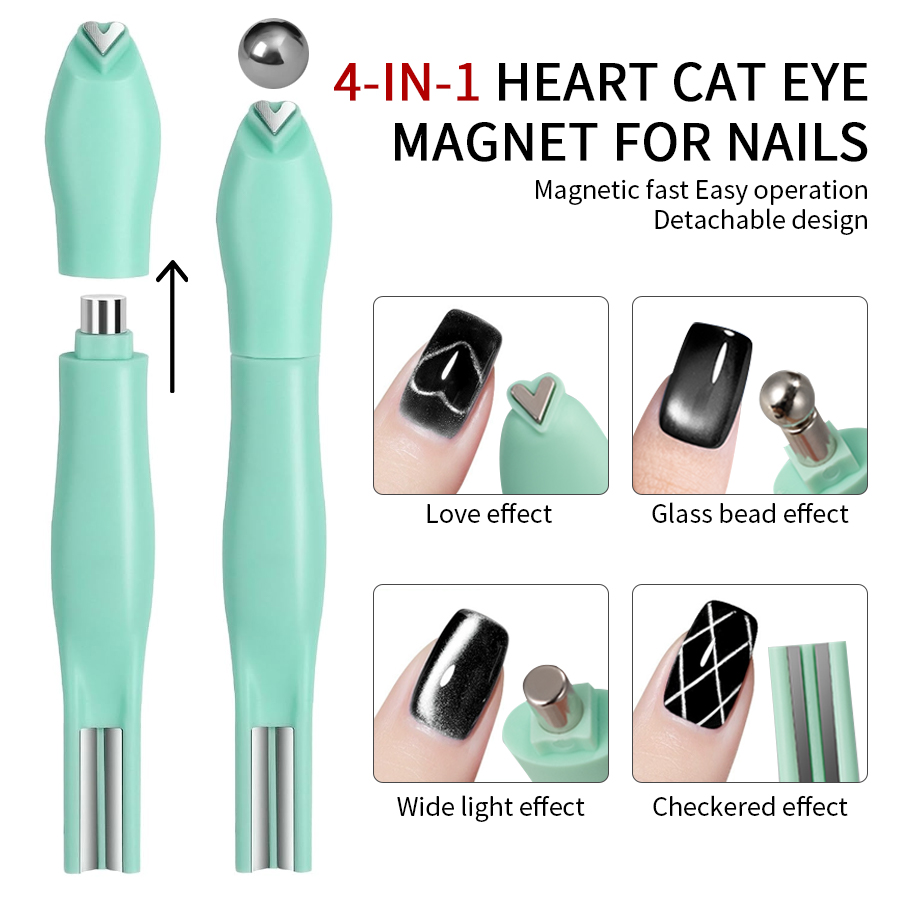 Nail Art Love - RSNAIL 4-in-1-Katzenaugen-Nagelmagnet, 3D-Liebesherz, Nagelmagnet, Werkzeug, grün,